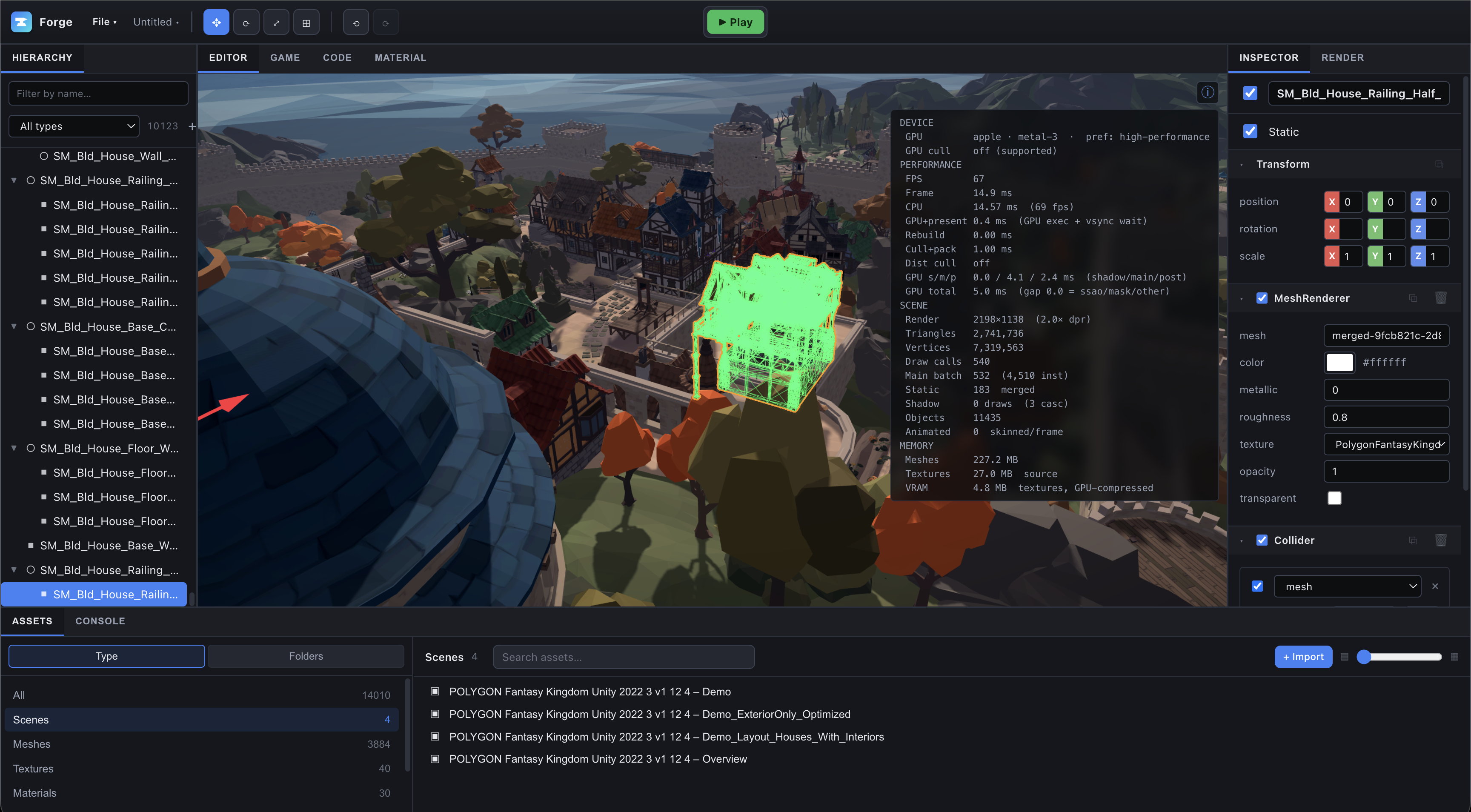 After running Combine Buildings: a whole house is now a single merged mesh (highlighted), and the stats fall with it - objects 15,241 → 11,435, draw calls 759 → 540.