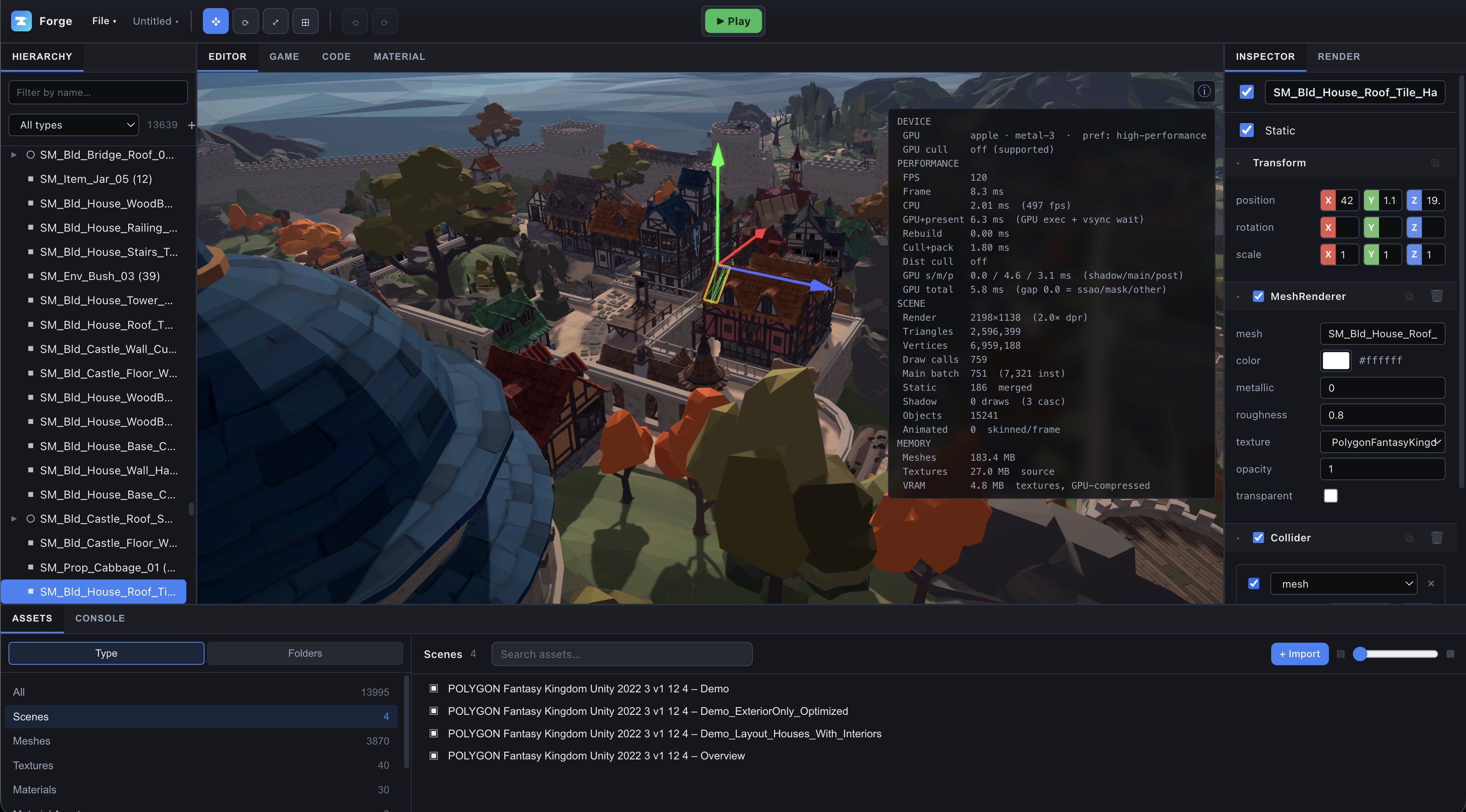 A single half roof-tile selected in the Awaken editor - its own GameObject, its own MeshRenderer - inside the 15,241-object Synty demo scene.